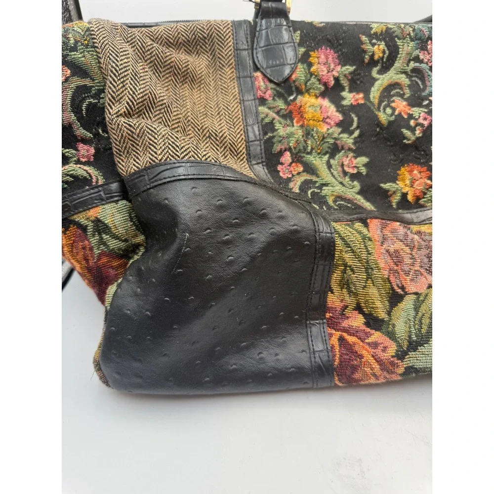 Bueno Mixed Media Satchel Bag Floral Tapestry Croc Embossed Black Large Tote